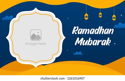 Ramadan Mubarak concept banner with photo frame, arab window on dark blue background with stars and clouds. Vector illustration. 