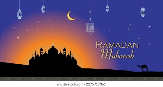 Ramadan Mubarak Concept Banner or Voucher Template with silhouette mosque, lanterns, gradient afternoon sky background. Vector illustration for greeting card, poster,  flyer, banner.  Place for Text