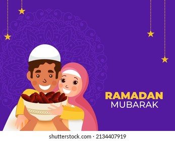 Ramadan Mubarak Concept With Cheerful Islamic Young Boy And Girl Holding Bowl Full Of Dates On Purple Mandala Background.