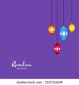 Ramadan Mubarak Concept With Colorful Lanterns Hang On Deep Pink Floral Design Background.