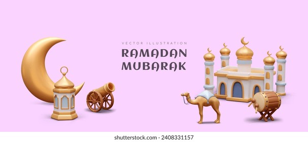 Ramadan Mubarak Konzept. Komposition mit Moschee, Betteltrommel, Kamel, realem Mond und Laterne für Beleuchtung. Vektorgrafik im 3D-Stil mit violettem Hintergrund