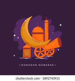 Ramadan Mubarak Concept With Crescent Moon, Cannon, Lantern And Mosque On Purple Background.