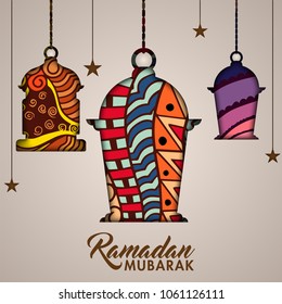 Ramadan Mubarak concept, with doodle design decorated hanging lanterns.