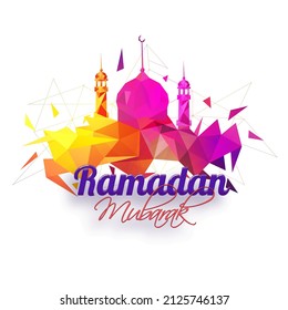 Ramadan Mubarak Concept With Gradient Polygonal Mosque On White Background.