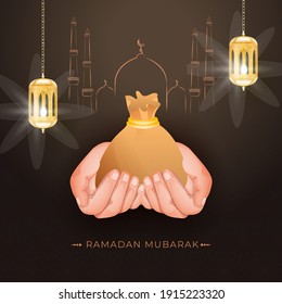 Ramadan Mubarak Concept With Hands Holding Golden Sack Or Bag, Illuminated Lanterns Hang And Line Art Mosque On Brown Background.