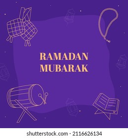 Ramadan Mubarak Concept With Linear Style Dhol (Drum), Quran Rehal, Tasbih, Ketupats On Purple Background.