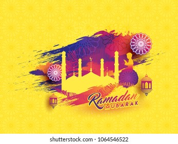 Concepto Ramadan Mubarak con mezquita, flores de papel y linterna en un fondo colorido y amarillo.