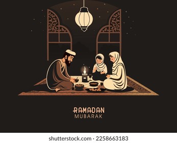 Ramadan Mubarak Konzept mit muslimischer Familie genießen köstliche Speisen, beleuchtete arabische Lampe zur Nachtzeit.