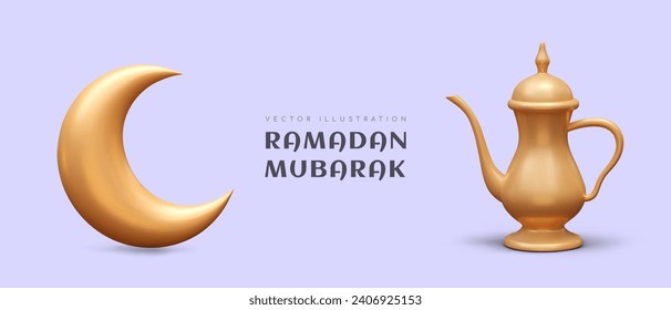 Ramadan Mubarak concept. Realistic moon and golden kettle. Islamic holiday celebration. Vector illustration in 3d style with place for text and purple background