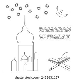 Ramadan Mubarak continuous one line art drawing vector design and illustration