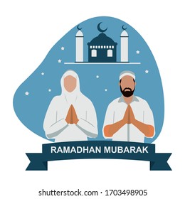 Ramadan mubarak couple greeting flat illustration. Illustration greeting ramadahan kareem and happy eid fitr Premium Vector.