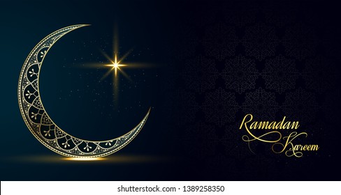 Ramadan mubarak cover design moon golden effect dark blue background glowing design gold illustration  vector eps. 