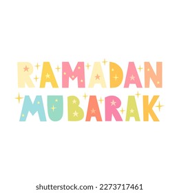 Ramadan Mubarak creative hand drawn lettering quote on white background. Islamic religious decoration.Concept for Muslim children  