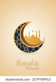 Ramadan Mubarak crescent moon with mosque vector poster