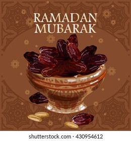 Ramadan Mubarak. Dates. Greeting Card Ramadan Mubarak.  Iftar party. 