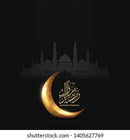 Ramadan Mubarak design with crescent moon, lantern, calligraphy and mosque for greeting card, invitation card, poster, banner, flyer and Ramadan celebration event