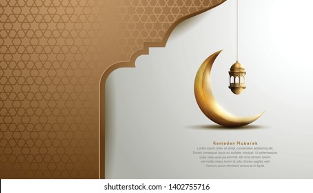 Ramadan Mubarak design with lantern, crescent moon golden color for greeting card, invitation card and Ramadan celebration