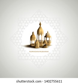 Ramadan Mubarak design with lanterns and calligraphy golden color for greeting card, invitation card and Ramadan celebration