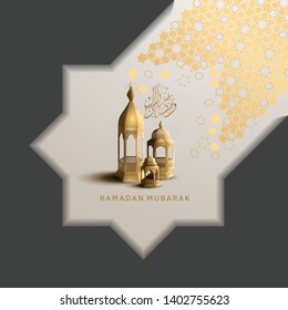 Ramadan Mubarak design with lanterns and calligraphy golden color for greeting card, invitation card and Ramadan celebration