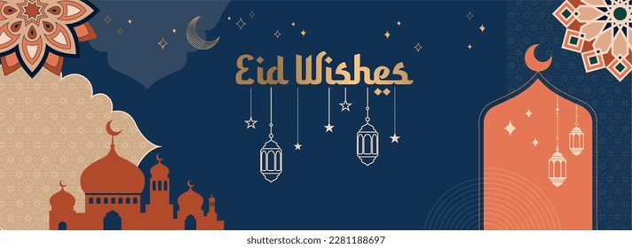 Ramadan Mubarak and eid al fitr greeting card with minimal boho design, moon, mosque dome and lanterns