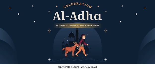 Ramadan Mubarak eid al-adha social media banner template. flat Illustration vector graphic. Design concept Mosque with person traveling with camel on the sand sea, poster, background, Postcard, card.