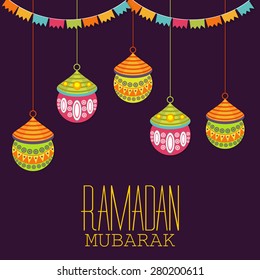 Ramadan Mubarak and eid Mubarak Celebration Design Greeting with hanging lamps 