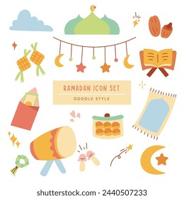 Icono de Ramadán Mubarak Eid Fitr Conjunto de Ilustración de Doodle.