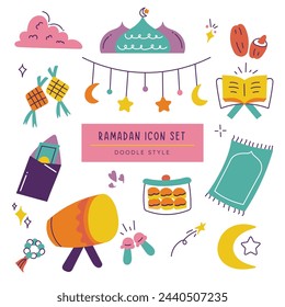 Ramadan Mubarak Eid Fitr Icon Set of Doodle Illustration.