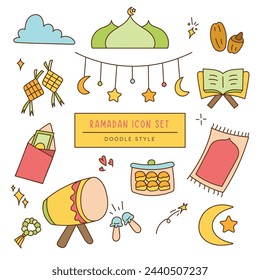 Ramadan Mubarak Eid Fitr Icon Set of Doodle Illustration.