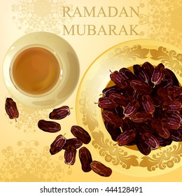 Ramadan Mubarak. Eid Mubarak greeting card for Muslim holiday. Still life of sweet dates and tea