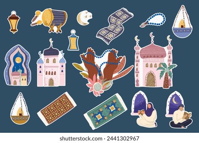 Ramadan Mubarak, Eid Mubarak, Islamic holiday, Ramadan Karim Arabic sticker set in hand drawn style. Good for planners, scrapbooking, statinary, cards, prints, clipart. Vector art.