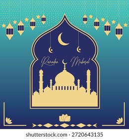 Ilustração da Mesquita Elegante Ramadã Mubarak com Lanternas e Lua Crescente