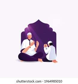 Ramadan Mubarak - Father and Son Pray to God at Night During Ramadan.