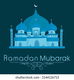 Ramadan Mubarak Font With Blue Mosque Illustration On Teal Background.