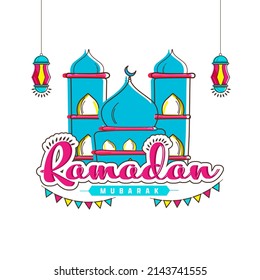 Ramadan Mubarak Font With Bunting Flags, Mosque Illustration And Lanterns Hang On White Background.
