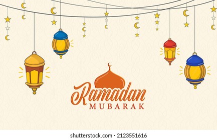 Ramadan Mubarak Font With Mosque Dome, Arabic Lanterns, Crescent Moon, Stars String Decorated Beige Islamic Pattern Background.