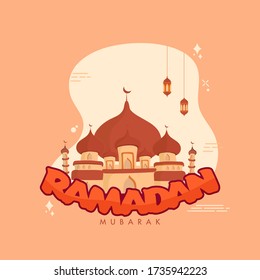 Ramadan Mubarak Font with Mosque and Hanging Lanterns Decorated on Pastel Orange Background.