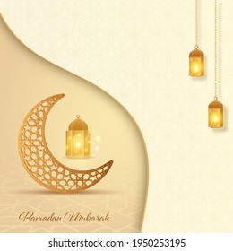 Ramadan Mubarak Font With Ornament Crescent Moon And Lit Lanterns On Pastel Brown Islamic Pattern Background.