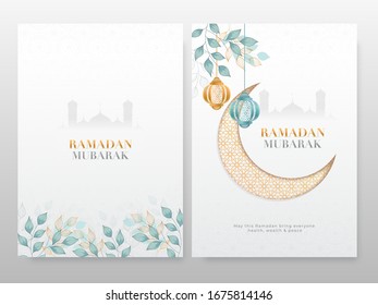 Ramadan Mubarak Font with Paper Cut Crescent Moon, Leaf Branch and Hanging Lanterns on Silhouette Mosque White Arabic Pattern Background.