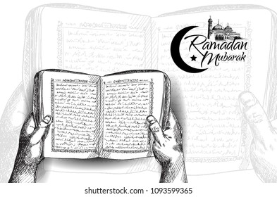 Ramadan Mubarak free hand drawing sketch of hand opening holy book of the quran with mosque. Vector illustration