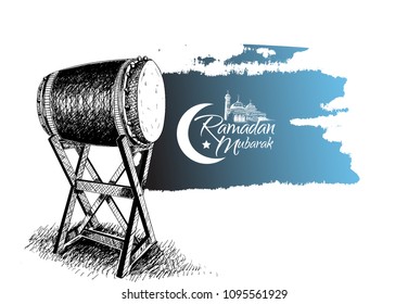 Ramadan Mubarak free hand drawing sketch of bedug in dark blue brush with mosque logo. Vector illustration for ramadan celebration event