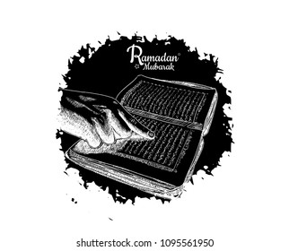 Ramadan Mubarak free hand drawing sketch of hand pointing holy quran on black brush . Vector illustration for ramadan celebration