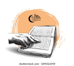 Ramadan Mubarak free hand drawing sketch of hand pointing holy quran with soft round brush color . Vector illustration