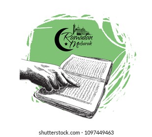 Ramadan Mubarak Free Hand Drawing Sketch Of Hand Pointing Holy Quran On Green  Brush . Vector Illustration For Ramadan Celebration. Abstract Text Holy Quran