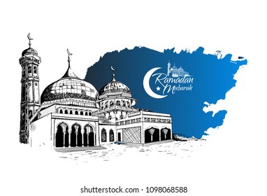 Ramadan Mubarak free hand drawing sketch of mosque with blue brush. Vector illustration holy month of ramadan