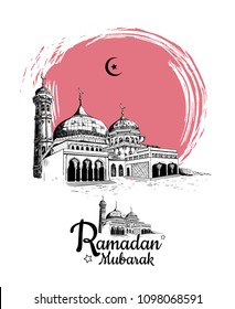 Ramadan Mubarak free hand drawing sketch of mosque with pink brush. Vector illustration holy month of ramadan