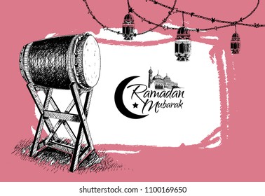 Ramadan Mubarak free hand drawing sketch of bedug, mosque and lantern with pink background. Vector illustration for ramadan poster, flyer, greeting card, banner and template