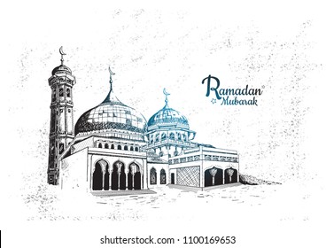 Ramadan Mubarak free hand drawing sketch of blue mosque. Vector illustration for ramadan poster, flyer, greeting card, banner and template