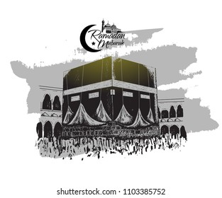 Ramadan Mubarak free hand drawing sketch of holy kaaba. Vector illustration for ramadan poster, flyer, greeting card, banner and template