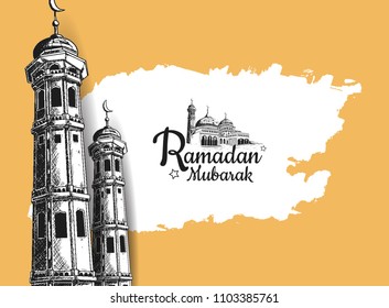 Ramadan Mubarak free hand drawing sketch of tower mosque on orange background. Vector illustration for ramadan poster, flyer, greeting card, banner and template